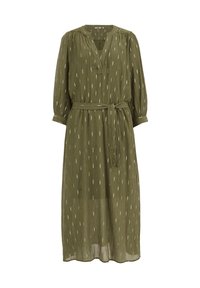 Olivgrön, långärmad klänning med V-ringning, bälte i midjan och subtilt vertikalt vitt mönster. Lätt, flödande tyg med en genomskinlig överlägg.