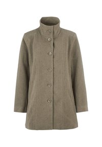 Beige wollen jas met een hoge kraag, met zes knopen aan de voorkant, zijzakken en een recht gesneden ontwerp.