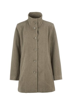 Beige Wollmantel mit hohem Kragen, ausgestattet mit sechs Knöpfen auf der Vorderseite, seitlichen Eingrifftaschen und geradem Schnitt.