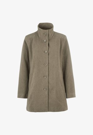 Beige wollen jas met een hoge kraag, met zes knopen aan de voorkant, zijzakken en een recht gesneden ontwerp.