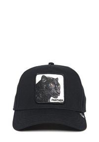 Cappellino da baseball nero con un ricamo che rappresenta la testa di un pantera con occhi gialli, incorniciata da un bordo bianco rettangolare.