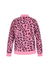 Felpa rosa con motivo a stampa leopardata in nero e rosso, dotata di un colletto e polsini e orlo a coste in rosa.