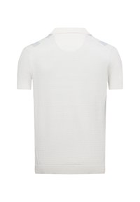 Weißes Polo-Shirt mit kurzen Ärmeln aus strukturiertem Stoff, geripptem Kragen und grauen Akzenten an den Schultern. Sauberes, minimales Design.