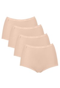 Vier paar beige women's hipster slips, gemaakt van zachte stof, met een gladde elastische tailleband met een subtiele logo-detail.