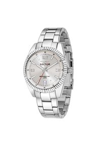 Orologio in acciaio inossidabile argentato con cassa rotonda, lunetta testurizzata, quadrante bianco e indicatori luminescenti. Caratterizzato da un display della data alle 6.