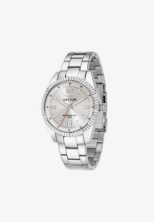 Orologio in acciaio inossidabile argentato con cassa rotonda, lunetta testurizzata, quadrante bianco e indicatori luminescenti. Caratterizzato da un display della data alle 6.