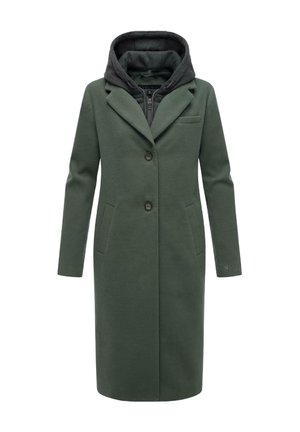 Duga zelena kaput s kapuljačom, s dvostrukim kopčanjem sprijeda, bočnim džepovima i teksturiranim unutarnjim podstavom.