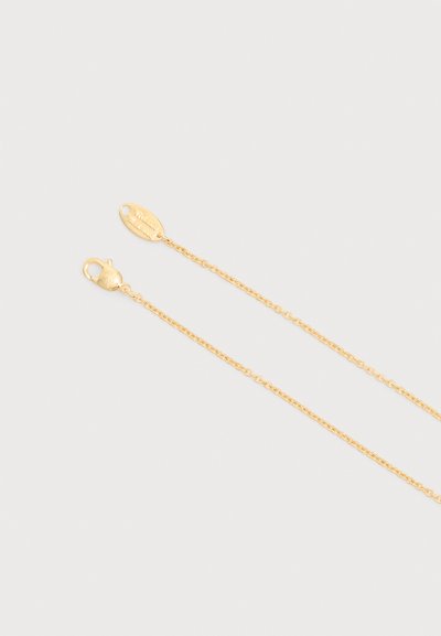 Gold-toned thin chain necklace with a lobster clasp on one end and an oval tag on the other, set against a plain light background.