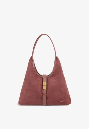 Suede shoulder bag in dusty rose with a smooth leather strap and gold-tone hardware. Features a curved top and a central tab closure.