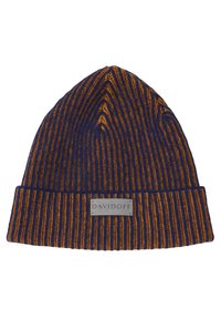 Ribbed knit beanie with alternating navy blue and orange stripes, cuffed edge, and a rectangular beige label reading "DAVIDOFF" on the front.