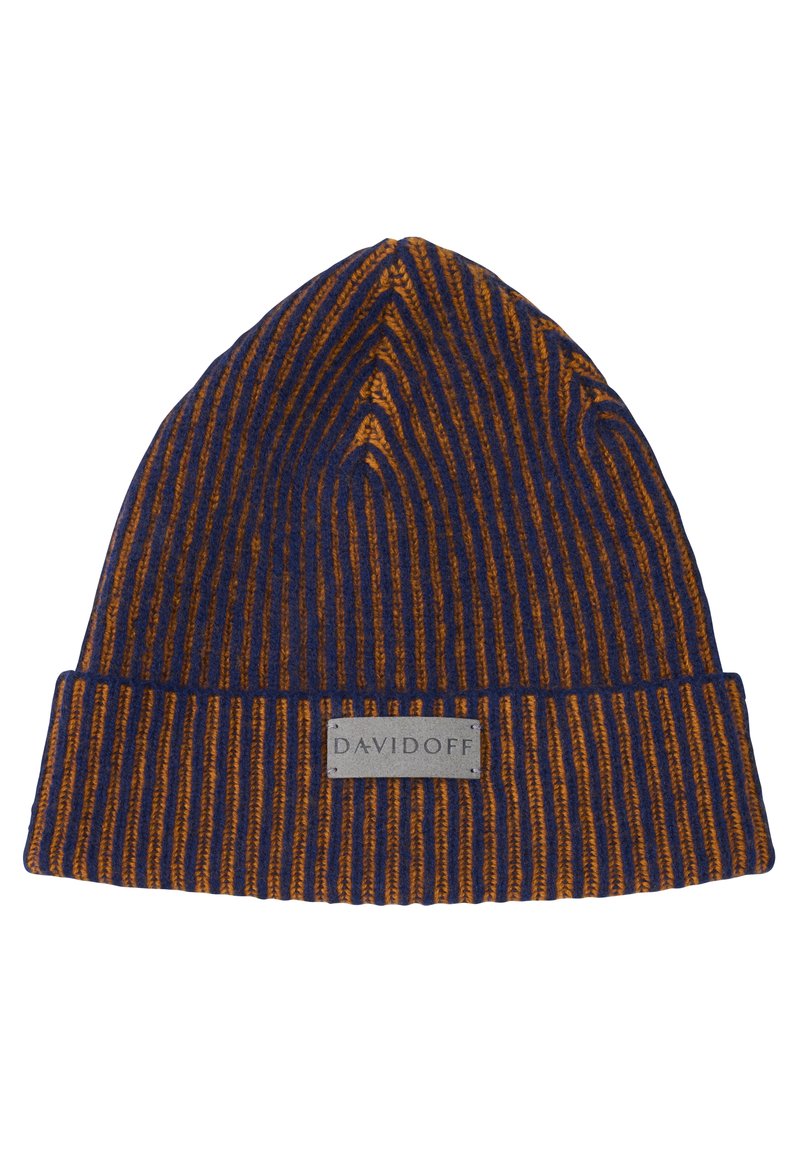 Ribbed knit beanie with alternating navy blue and orange stripes, cuffed edge, and a rectangular beige label reading "DAVIDOFF" on the front.