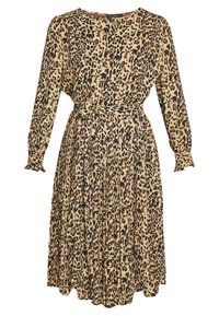 Robe imprimée léopard en tan et noir, manches longues, jupe plissée, détail de taille nouée, tissu lisse, encolure ronde et poignets volantés.