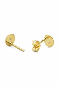 Orecchini a perno in oro con retro circolare, finitura liscia e un design decorativo nella parte anteriore. Timbro "585" per autenticità.