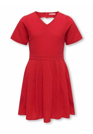 Rdeča obleka s kratkimi rokavi, V-izrezom, oprijetim pasom in razširjeno krilom iz teksturirane tkanine.