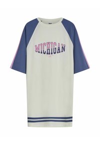 Koszulka z krótkim rękawem, w luźnym kroju, w jasnoszarym kolorze z granatowymi rękawami raglanowymi. Posiada napis "MICHIGAN" oraz niebieskie paski na dole.