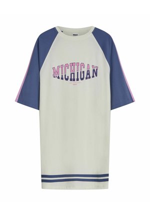 Koszulka z krótkim rękawem, w luźnym kroju, w jasnoszarym kolorze z granatowymi rękawami raglanowymi. Posiada napis "MICHIGAN" oraz niebieskie paski na dole.