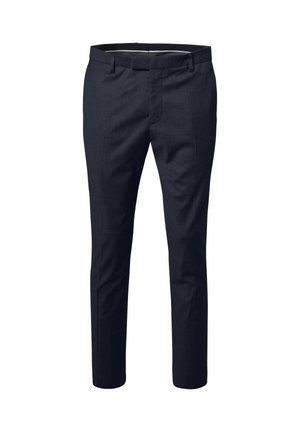 Donker marineblauwe formele broek met riemlussen, slim fit, voorplooien en verborgen sluiting aan de voorkant, gepresenteerd tegen een witte achtergrond.
