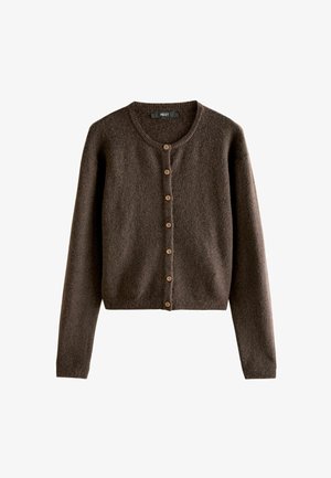 Brauner Strickcardigan mit rundem Halsausschnitt und Knopfverschluss. Verfügt über lange Ärmel und ein kurzes Design. Weiche Textur mit einem dezenten Muster.
