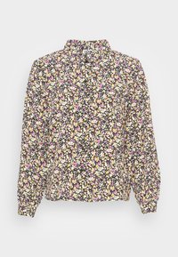Blouse florale avec un fond noir, ornée de petites fleurs multicolores en rose, jaune et blanc. Manches longues ballon et col.