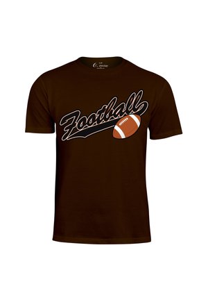 Brown cotton t-shirt featuring the word "Football" in white and black cursive, with a graphic of a football on the front. Simple design.