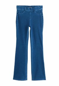 Sinine denim flared teksadega, viie taskuga, vormitud vöökoht ja sile tekstuur. Sirged jalad, mis allapoole kergelt kitsenevad.