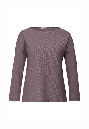 Maglietta a maniche lunghe con scollatura rotonda, caratterizzata da un motivo a righe bordeaux e bianche, realizzata in un tessuto morbido con una vestibilità rilassata.