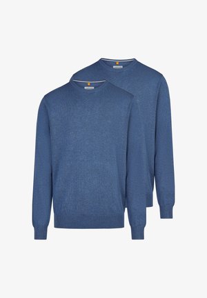 To ensfarvede blå crewneck-trøjer med lange ærmer, ribstrikkede manchetter og kanter, vist overlappende på en hvid baggrund.