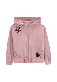 Różowy zip-up hoodie z miękkiej, welurowej tkaniny. Posiada cekinową gwiazdę oraz czarne serduszko w aplikacji. Zawiera kaptur i elastyczne mankiety.