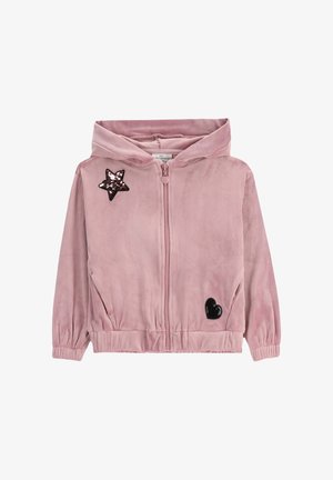 Różowy zip-up hoodie z miękkiej, welurowej tkaniny. Posiada cekinową gwiazdę oraz czarne serduszko w aplikacji. Zawiera kaptur i elastyczne mankiety.