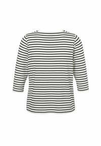 Schwarz-weiße gestreifte Dreiviertelärmel-Bluse, aus weichem Stoff mit rundem Kragen und geradem Schnitt.