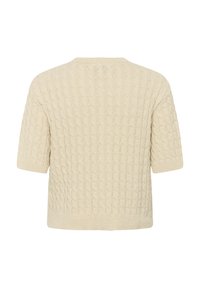 Pull beige à manches courtes avec un motif en tricot torsadé texturé et un ourlet côtelé, montré de dos sur un fond blanc.