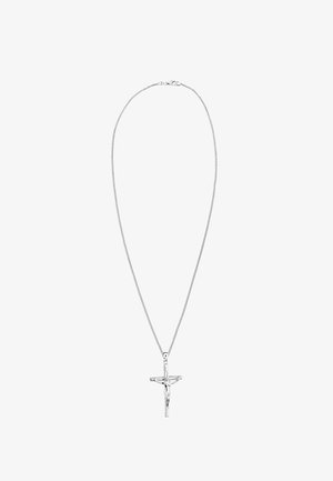 Ezüst lánc nyaklánc, részletes megjelenésű keresztformájú medál. A lánc sima, csavart kialakítású és biztonságos kapoccsal rendelkezik.