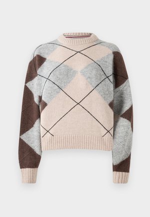 Strikkegenser med diamantmønster i lys rosa, grå og brun. Ribbet hals og mansjetter; kort design. Myk tekstur.