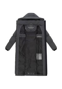 Gray long puffer coat with a hood, featuring a zip closure, interior pockets, and a quilted texture; branded interior label visible.