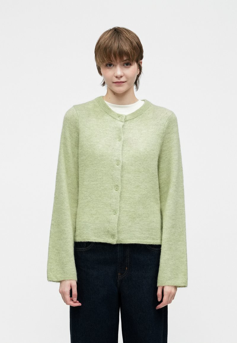 Ungdom med kort brunt hår har på seg en lys grønn knappet cardigan over en hvit topp og mørke jeans foran en ensfarget bakgrunn.