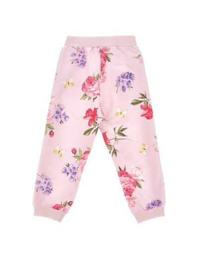 Ροζ ανοιχτό παντελόνι με ελαστική μέση και μανσέτες, διακοσμημένο με κόκκινα και μοβ λουλούδια και μικρά κίτρινα μοτίβα πεταλούδων.