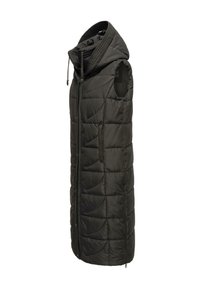 Zwarte mouwloze puffer vest met capuchon, voorzien van een gewatteerd design, ritssluiting aan de voorkant en drawstring accenten. Glad textuur, knie-lange lengte.