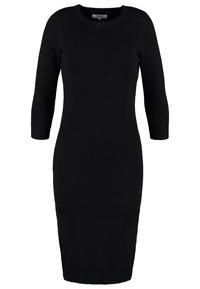 Vestito nero a maglia con scollatura rotonda e maniche a tre quarti. Forma aderente, texture a coste, design di lunghezza al ginocchio.
