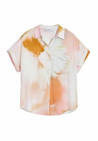Košeľa s krátkym rukávom, s gombíkmi, vyrobená z ľahkého materiálu, s pastelovým akvarelovým vzorom v ružovej, oranžovej a krémovej farbe; obsahuje náprsné vrecko.
