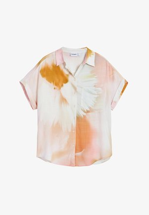 Košulja kratkih rukava, na dugme, od lagane tkanine s pastelnim akvarelnim uzorkom u ružičastoj, narančastoj i krem boji; uključuje džep na prsima.