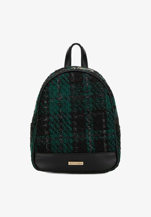 Czarna i zielona plecak w kratkę wykonany z teksturowanej tkaniny z skórzanym dnem, z podwójnymi paskami i złotym znakiem marki.