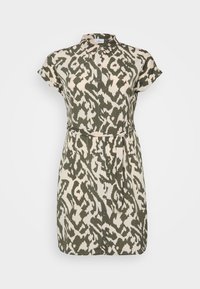 Short-sleeve dress with a button-up front, featuring an olive and cream abstract print, soft fabric, and a tie belt at the waist.