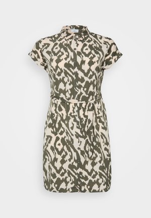Short-sleeve dress with a button-up front, featuring an olive and cream abstract print, soft fabric, and a tie belt at the waist.