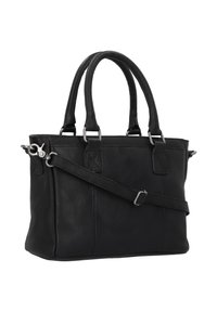 Zwarte leren totebag met ronde handvatten, verwijderbare en verstelbare schouderband, en zilveren hardwareaccenten. Geweven oppervlak met zichtbare naden.