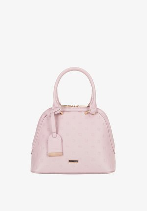 Jasnoróżowa torebka wykonana z fakturowanej skóry. Posiada zaokrąglony kształt, podwójne uchwyty, złote akcesoria oraz odczepianą metkę.