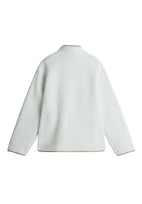 Veste polaire blanche à manches longues avec un col montant et des coutures simples, vue de dos sur un fond blanc uni.