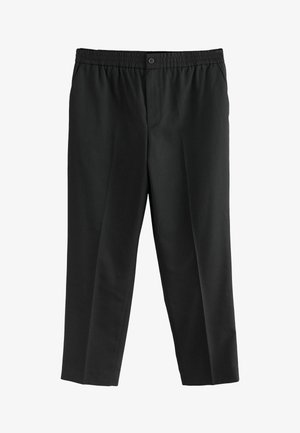 Pantaloni negri din țesătură, cu un brâu elastic și un singur nasture. Design cu picior drept, fără buzunare vizibile.