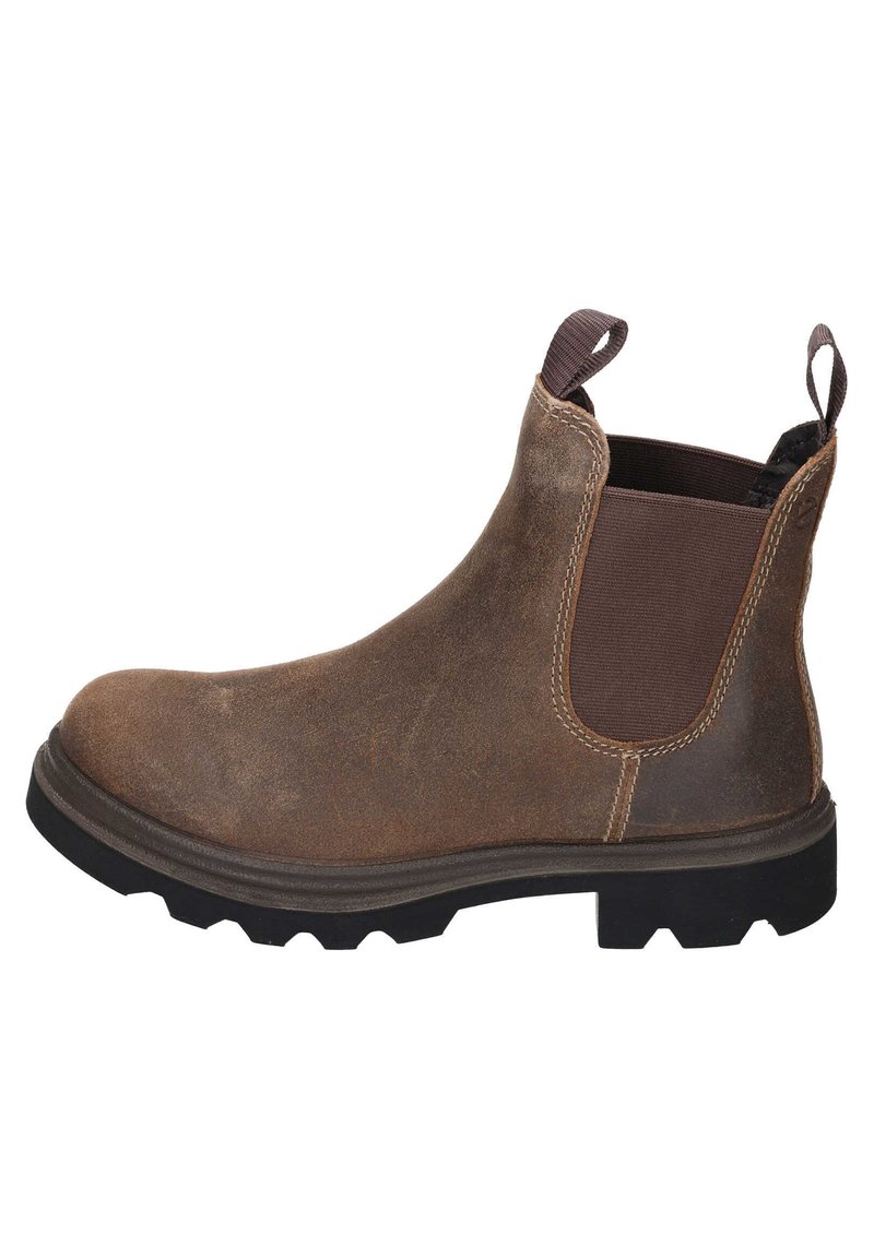 Bottines en cuir marron avec un bout rond, des panneaux élastiques sur les côtés et une semelle en caoutchouc texturée pour une meilleure adhérence et durabilité.