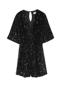 Mono corto negro cubierto de lentejuelas, con escote en V, mangas cortas estilo volante, espalda descubierta con cierre de botón y cintura elástica.