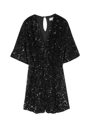 Combinaison courte noire ornée de sequins, avec un décolleté en V, des manches courtes volantes, un dos ouvert avec une fermeture à bouton, et une taille élastique.